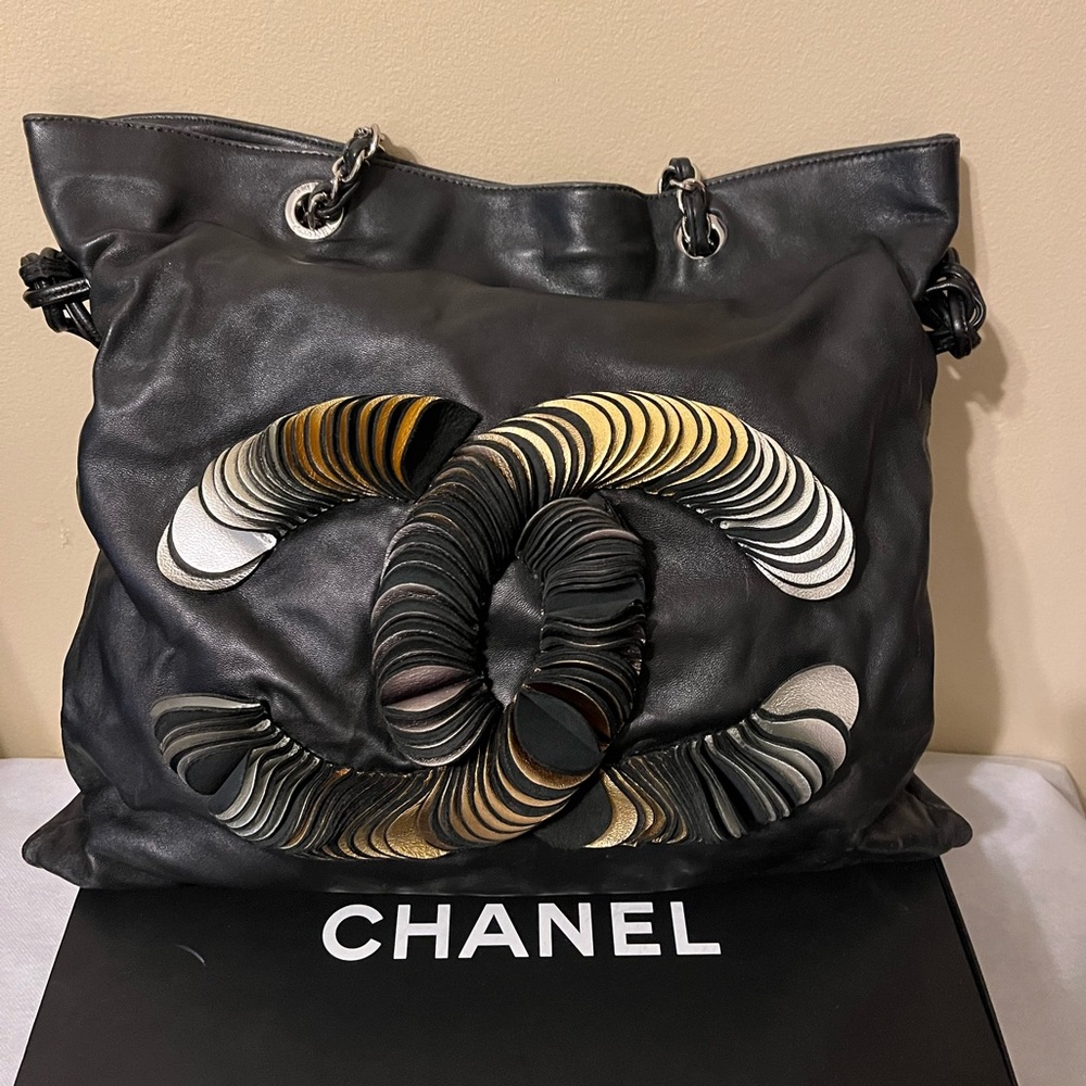 Chanel CC Large Shopping Tote Black Leather with Silver Hardware